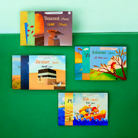 تعرض الصورة الغلاف الخارجي لعناوين قصص مجموعة قصاص الأنبياء باللغة الإنجليزية 25 نبياً